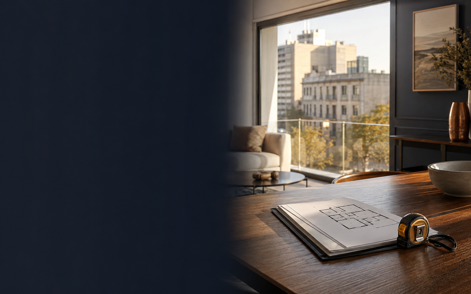 Interior residencial con planos y llaves sobre una mesa